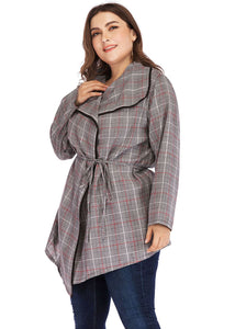 Plus Size Red Grey Striped Peter Pan Collar Tie Waist Trench Coats Fall