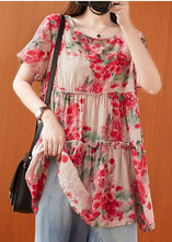 Load image into Gallery viewer, Plus Size Red Ruffled Print Cotton A Line Top Short Sleeve