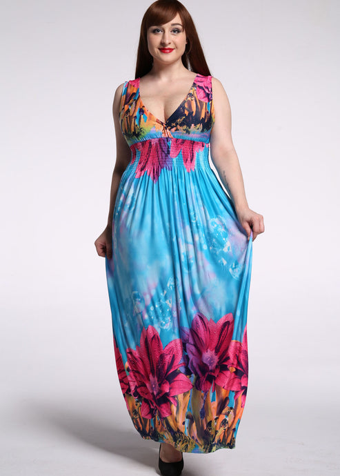 Plus Size Tie Dye Print Wrinkled Ice Size Maxi Dress Sleeveless