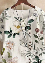 Load image into Gallery viewer, Plus Size White O Neck Print Patchwork Linen T Shirts Tops Summer