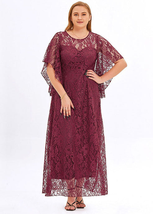 Plus Size Wine Red Hollow Out Patchwork Lace Long Dress Flare Sleeve