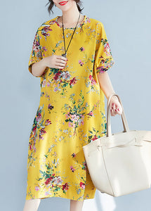 Plus Size Yellow O-Neck Print Cotton Holiday Dress Summer