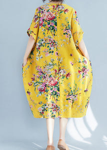 Plus Size Yellow O-Neck Print Cotton Holiday Dress Summer