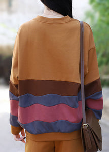 Plus Size Yellow O-Neck Striped Patchwork Top Long Sleeve