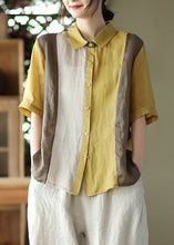 Load image into Gallery viewer, Plus Size Yellow Peter Pan Collar Solid Ramie Shirts Summer