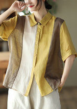 Load image into Gallery viewer, Plus Size Yellow Peter Pan Collar Solid Ramie Shirts Summer