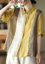 Load image into Gallery viewer, Plus Size Yellow Peter Pan Collar Solid Ramie Shirts Summer