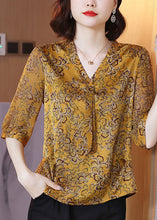 Load image into Gallery viewer, Plus Size Yellow V Neck Ribbon Print Chiffon Shirt Half Sleeve