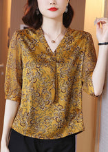 Load image into Gallery viewer, Plus Size Yellow V Neck Ribbon Print Chiffon Shirt Half Sleeve