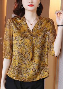 Plus Size Yellow V Neck Ribbon Print Chiffon Shirt Half Sleeve