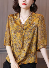 Load image into Gallery viewer, Plus Size Yellow V Neck Ribbon Print Chiffon Shirt Half Sleeve