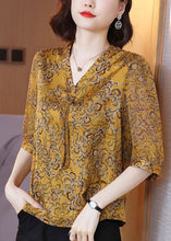 Load image into Gallery viewer, Plus Size Yellow V Neck Ribbon Print Chiffon Shirt Half Sleeve