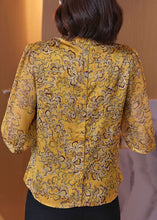 Load image into Gallery viewer, Plus Size Yellow V Neck Ribbon Print Chiffon Shirt Half Sleeve