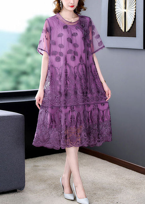 Purple Hollow Out Tulle Holiday Dress Embroideried Nail Bead Summer