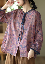 Load image into Gallery viewer, Purple O-Neck Ruffled Button Ramie Shirts Spring