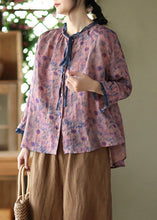 Load image into Gallery viewer, Purple O-Neck Ruffled Button Ramie Shirts Spring