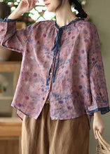 Load image into Gallery viewer, Purple O-Neck Ruffled Button Ramie Shirts Spring