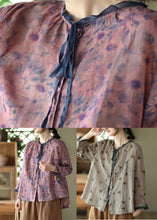 Load image into Gallery viewer, Purple O-Neck Ruffled Button Ramie Shirts Spring