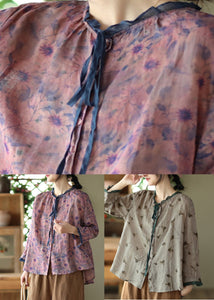 Purple O-Neck Ruffled Button Ramie Shirts Spring