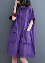 Load image into Gallery viewer, Purple Patchwork Denim Wide Leg Solid Denim Jumpsuit Short Sleeve