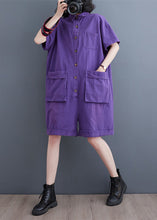 Load image into Gallery viewer, Purple Patchwork Denim Wide Leg Solid Denim Jumpsuit Short Sleeve