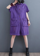 Load image into Gallery viewer, Purple Patchwork Denim Wide Leg Solid Denim Jumpsuit Short Sleeve