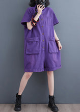 Load image into Gallery viewer, Purple Patchwork Denim Wide Leg Solid Denim Jumpsuit Short Sleeve