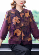 Load image into Gallery viewer, Purple Patchwork Silk Shirt Top Stand Collar Print Bracelet Sleeve