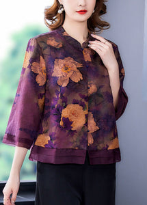 Purple Patchwork Silk Shirt Top Stand Collar Print Bracelet Sleeve