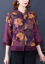 Load image into Gallery viewer, Purple Patchwork Silk Shirt Top Stand Collar Print Bracelet Sleeve