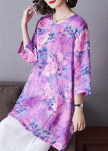 Load image into Gallery viewer, Purple Print Patchwork Linen Shirt Top O Neck Side Open Bracelet Sleeve