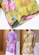 Load image into Gallery viewer, Purple Print Patchwork Linen Shirt Top O Neck Side Open Bracelet Sleeve