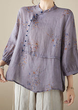 Load image into Gallery viewer, Purple Print Patchwork Linen Shirt Tops Stand Collar Button Summer