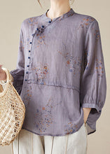 Load image into Gallery viewer, Purple Print Patchwork Linen Shirt Tops Stand Collar Button Summer