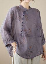 Load image into Gallery viewer, Purple Print Patchwork Linen Shirt Tops Stand Collar Button Summer