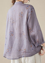 Load image into Gallery viewer, Purple Print Patchwork Linen Shirt Tops Stand Collar Button Summer