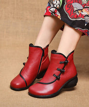 Load image into Gallery viewer, Red Ankle Boots Chunky Cowhide Leather Boutique Splicing Warm Fleece