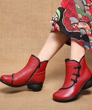 Load image into Gallery viewer, Red Ankle Boots Chunky Cowhide Leather Boutique Splicing Warm Fleece