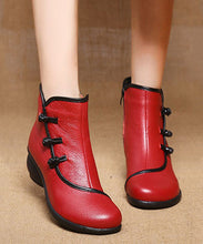 Load image into Gallery viewer, Red Ankle Boots Chunky Cowhide Leather Boutique Splicing Warm Fleece