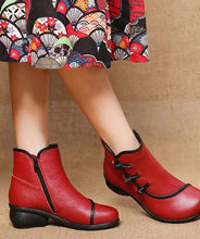 Load image into Gallery viewer, Red Ankle Boots Chunky Cowhide Leather Boutique Splicing Warm Fleece