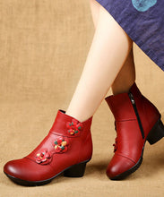 Load image into Gallery viewer, Red Boots Chunky Cowhide Leather Women Splicing Floral