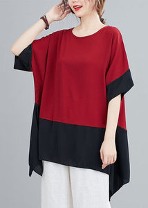 Red Patchwork Chiffon T Shirts Top Asymmetrical Summer