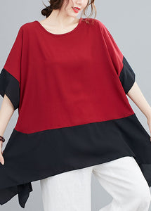 Red Patchwork Chiffon T Shirts Top Asymmetrical Summer