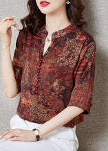 Load image into Gallery viewer, Red Patchwork Print Silk Top Button Stand Collar Summer