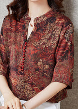 Load image into Gallery viewer, Red Patchwork Print Silk Top Button Stand Collar Summer