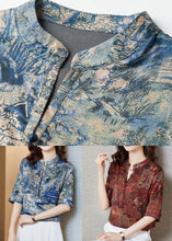 Load image into Gallery viewer, Red Patchwork Print Silk Top Button Stand Collar Summer