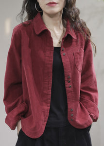 Red Pockets Button Solid Corduroy Coat Spring