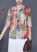 Load image into Gallery viewer, Red Print Chiffon Shirts Oversized Tassel Half Sleeve