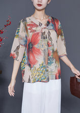 Load image into Gallery viewer, Red Print Chiffon Shirts Oversized Tassel Half Sleeve