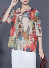 Load image into Gallery viewer, Red Print Chiffon Shirts Oversized Tassel Half Sleeve